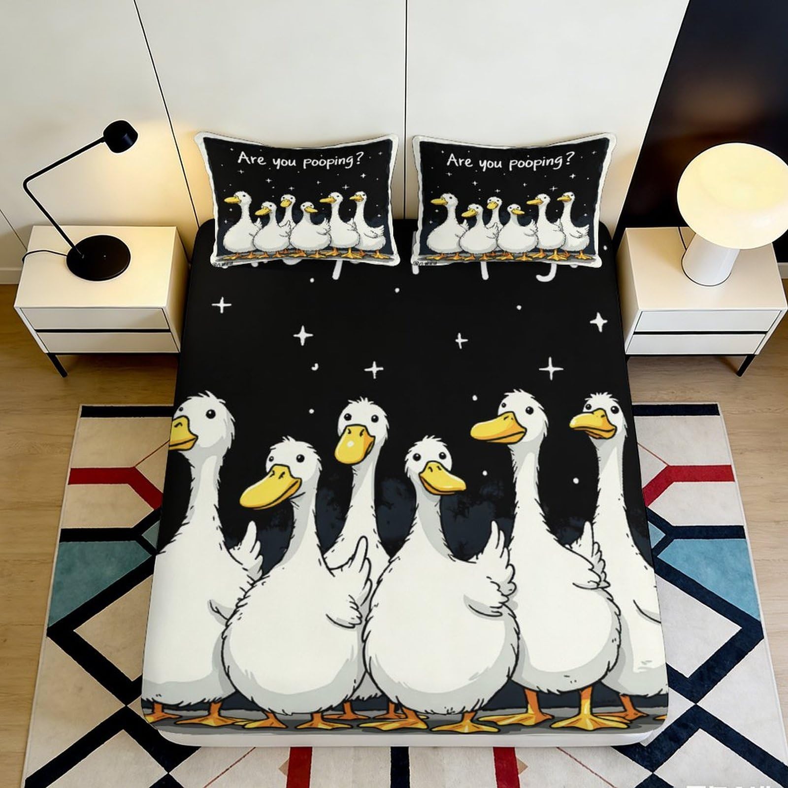 3D Printed Cartoon Duck Pattern Fitted Sheet Microfiber Non Slip Mattress Cover for Bedroom Dorm Machine Washable 160x200x25cm
