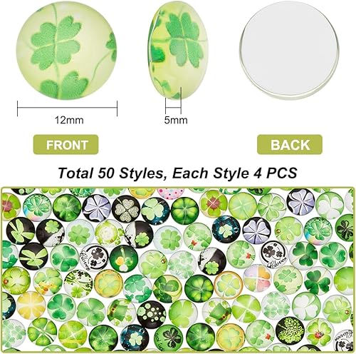 Miniatura 3 de PH PandaHall 200 cabujones de cristal de trébol de 0.472 in, azulejos de cuatro hojas, hojas verdes, cabujones de cúpula de vidrio, azulejos