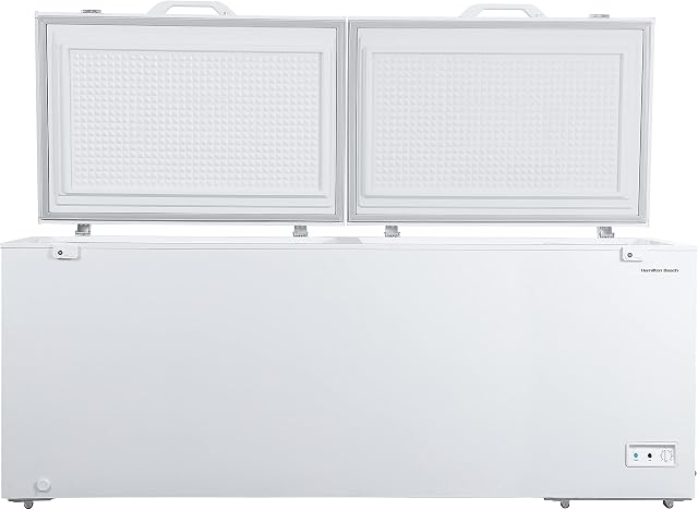 Hamilton Beach 25 Cu. Ft. Garage Ready Chest Freezer, White Deep Freezer, Adjustable Thermostat, Easy Defrost Drain, Double Door Lid, for Storage, Hunting, Large Family - 29"D x 79"W x 38"H