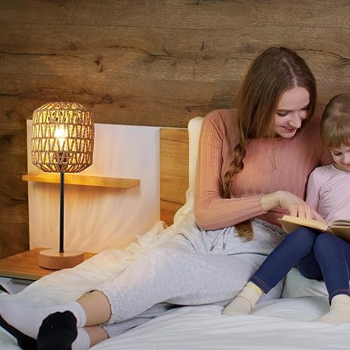 Miniatura 6 de N02 - Lámpara de mesa de ratán bohemio con control táctil, lámpara de noche regulable con cable enchufable, pantalla tejida, base de metal de