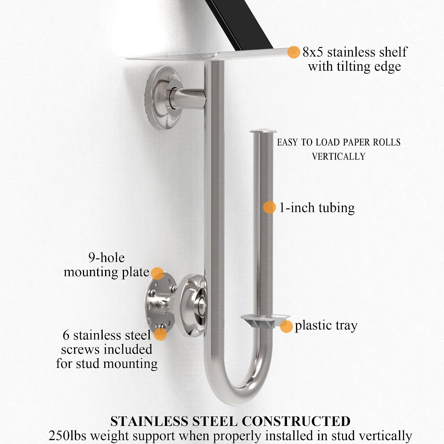 3-in-1 Toilet Safety Grab Bar with Built-in Tissue Paper Holder and Phone Shelf, for 2 Mega Rolls, 250lbs Weight Support When Mounted in Stud, Matte Black Right-Hand