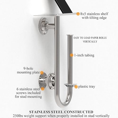 Miniatura 5 de AquaChase Barra de seguridad para inodoro 3 en 1 con soporte de papel de seda integrado y estante para teléfono, para 2 megarrollos, soporte de peso