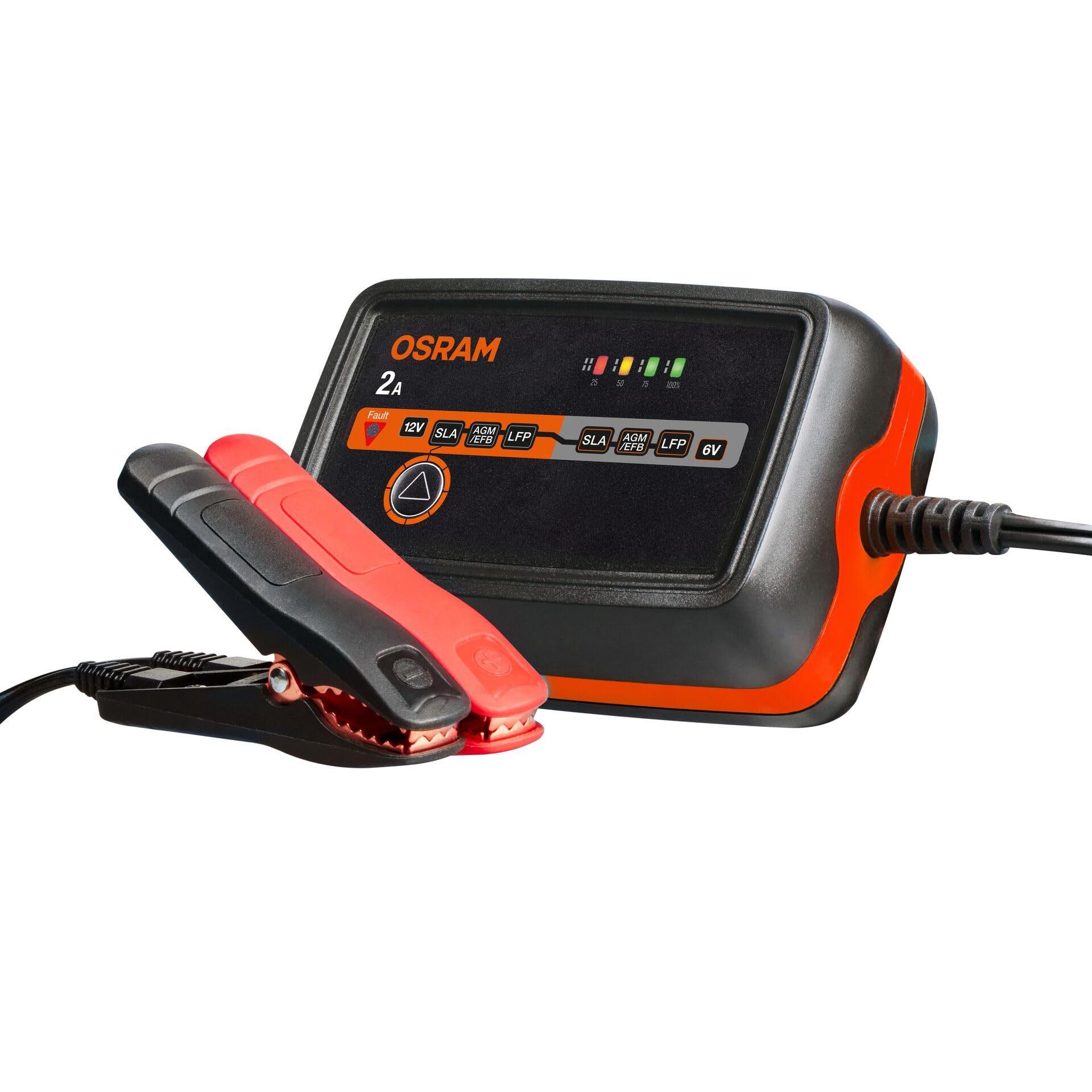 OSRAM BATTERYcharge 1002, 6 V/12 V, inteligentna ładowarka 2 A, do motocykli i mniejszych pojazdów, do akumulatorów AGM, EFB, kwasowo-ołowiowych i litowych, z trybem podtrzymującym