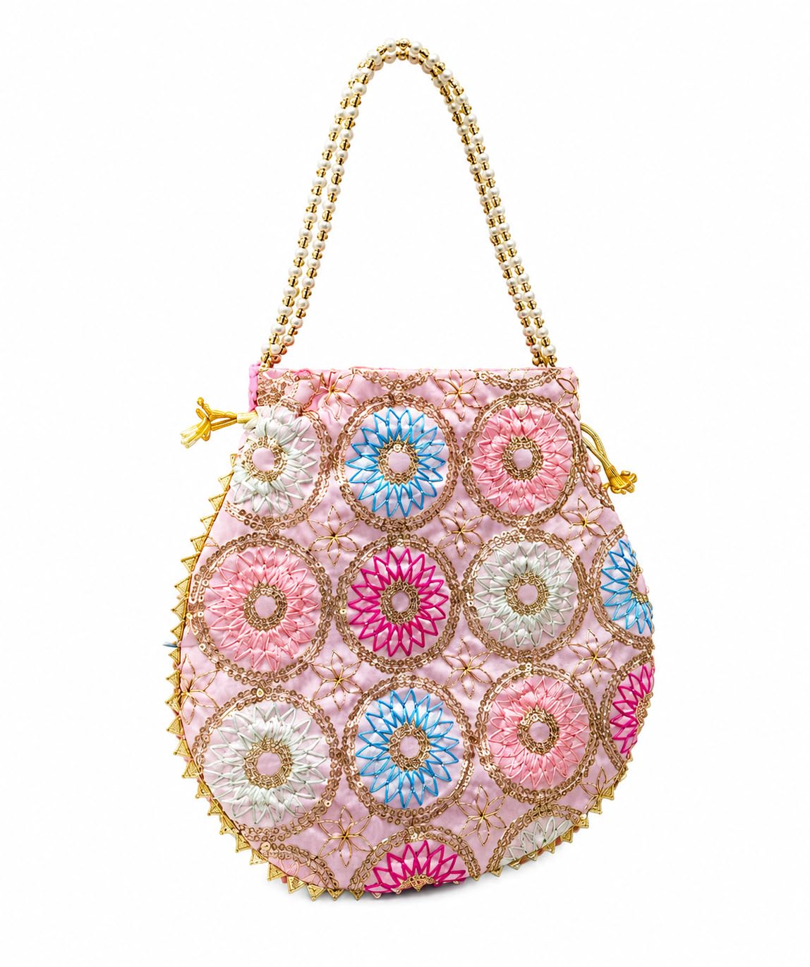 Light Pink Embroidered Potli Bags for Women | Gold Floral Work with Pearl Beaded Handle | Ethnic Drawstring Clutch for Wedding, Party & Festive Occasions-image-41