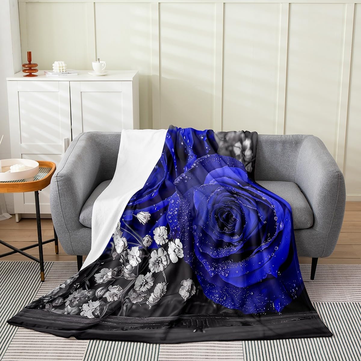 3D Red Rose Throw Blanket for Bed Couch, White Red Grey Flannel Fleece Blanket 40"X50", Romantic Farmhouse Floral Fuzzy Blanket, Botanical Flower Petals Sherpa Blanket Valentine's Day Plush Blanket