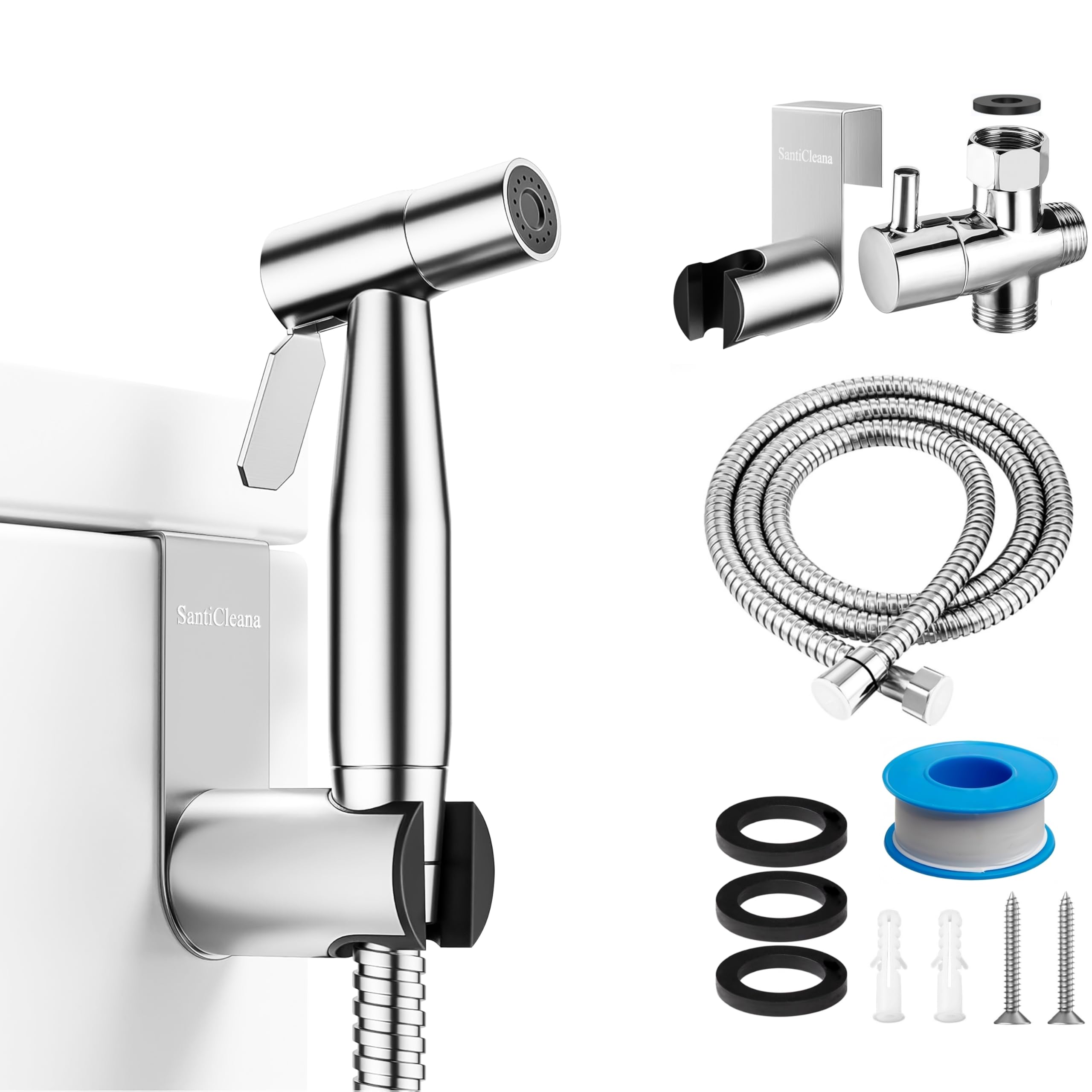 SantiCleana Kit spruzzatore per bidet portatile con protezione antideflagrante - Tubo flessibile in acciaio inossidabile da 150 cm per bagno e igiene (Resistente a 8 bar, 59 pollici)