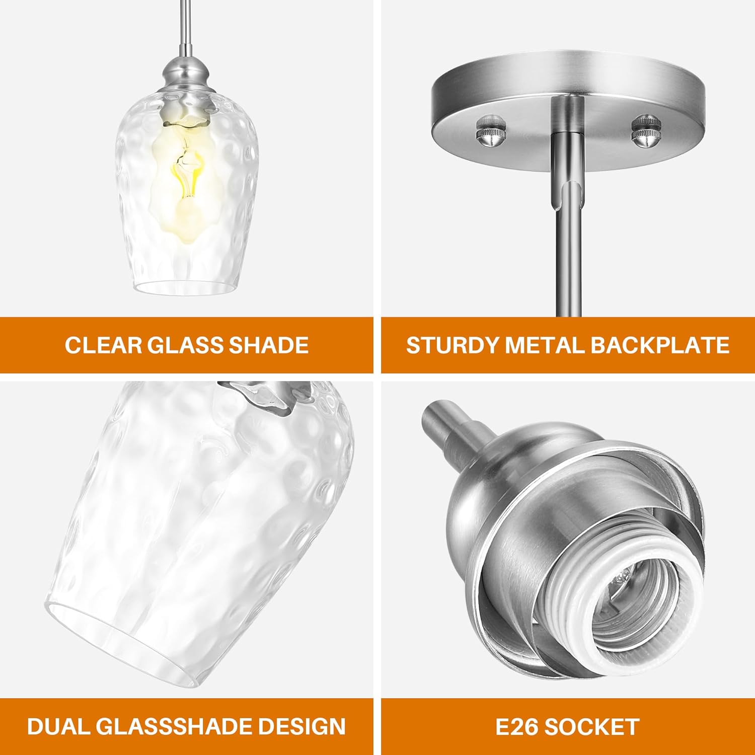 Glass Pendant Lights Kitchen Island, Brushed Nickel Pendant Light Fixtures with Hand-Blown Clear Glass, Modern Hanging Light for Kitchen Sink Dining Room Bedroom, E26