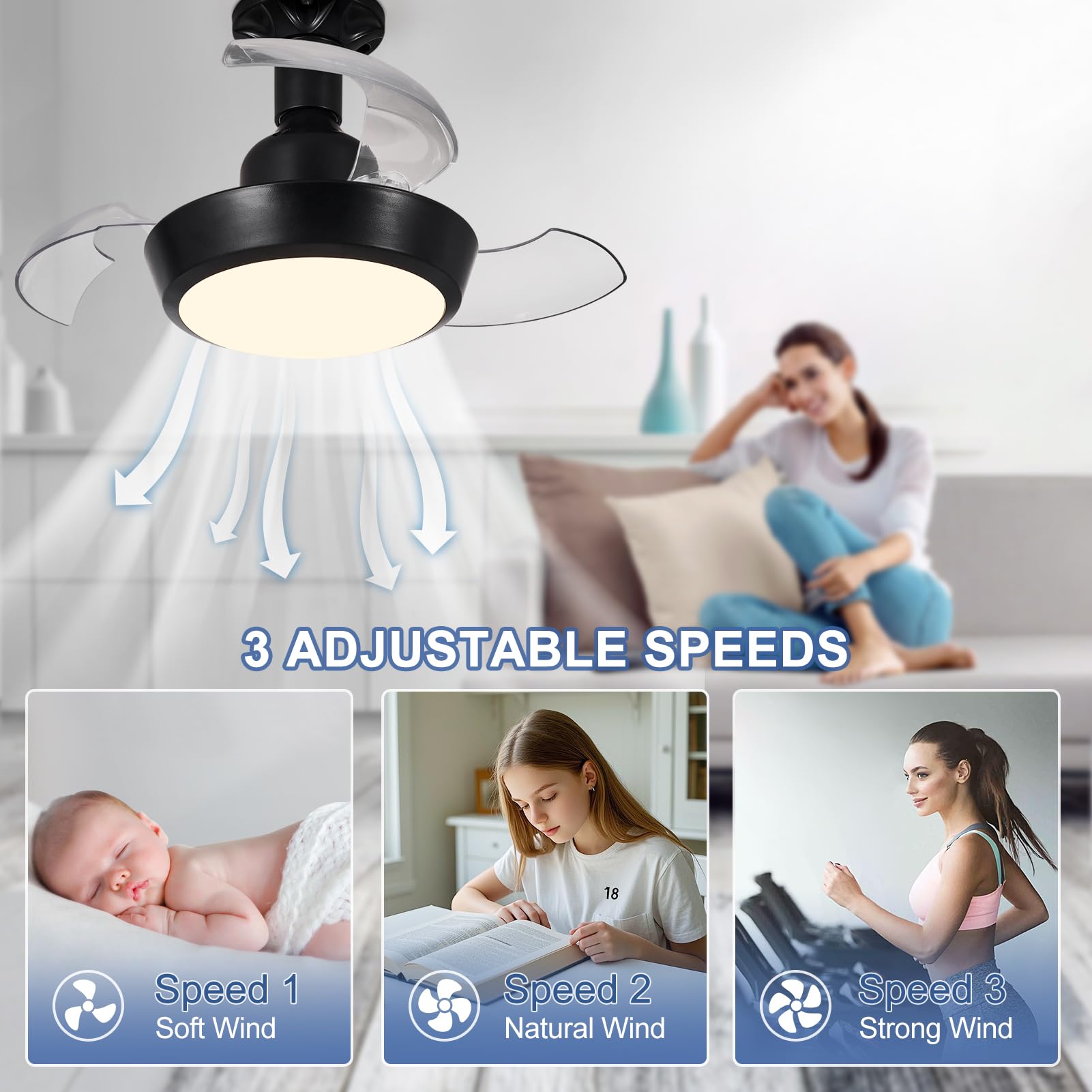 HARPER LIVING Ventilador de Techo Pequeño con Luz y Mando a Distancia, Lámpara con Ventilador de Rosca E27 y 3 Aspas Retráctiles, Bombilla LED de 30 W, 1400 lm, 3CCT, 3 Velocidades, Negro