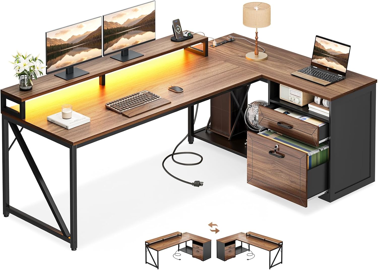 AODK L Shaped Desk with Wooden Drawers & Locking File Cabinet, 61 Inch Large Executive Desk with Power Outlet, Led Computer Desk with Storage, Corner Office desk with Monitor Stand & CPU Stand, Walnut