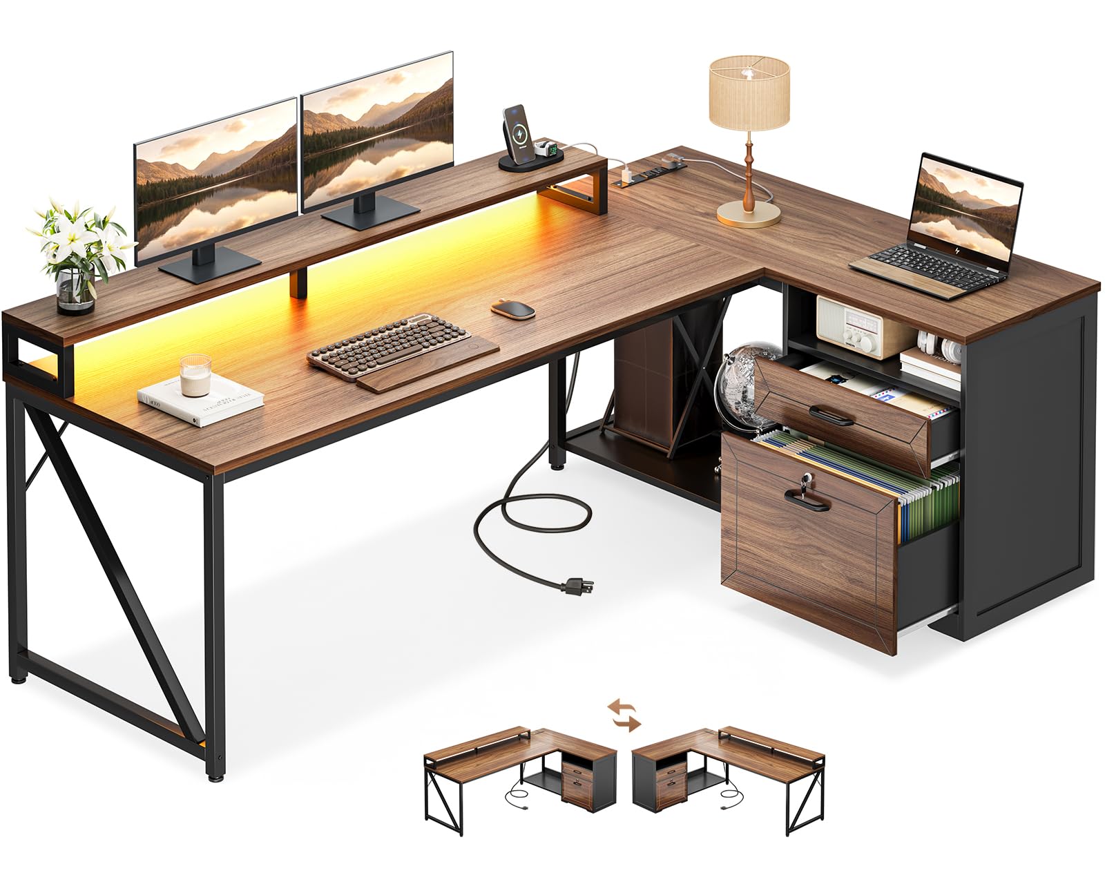 AODK L Shaped Desk with Wooden Drawers & Locking File Cabinet, 61 Inch Large Executive Desk with Power Outlet, Led Computer Desk with Storage, Corner