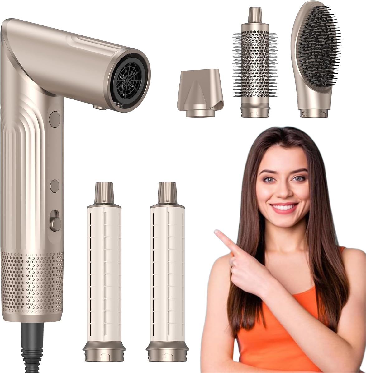 90 Degree Rotating Air Styler, 5 in 1 Hot Air Comb Set, Pink Gold | 90 deg rotating handle, 5 in 1 auto wrap curler attachments, 110k rpm high speed motor, no heat damage, EVA storage case