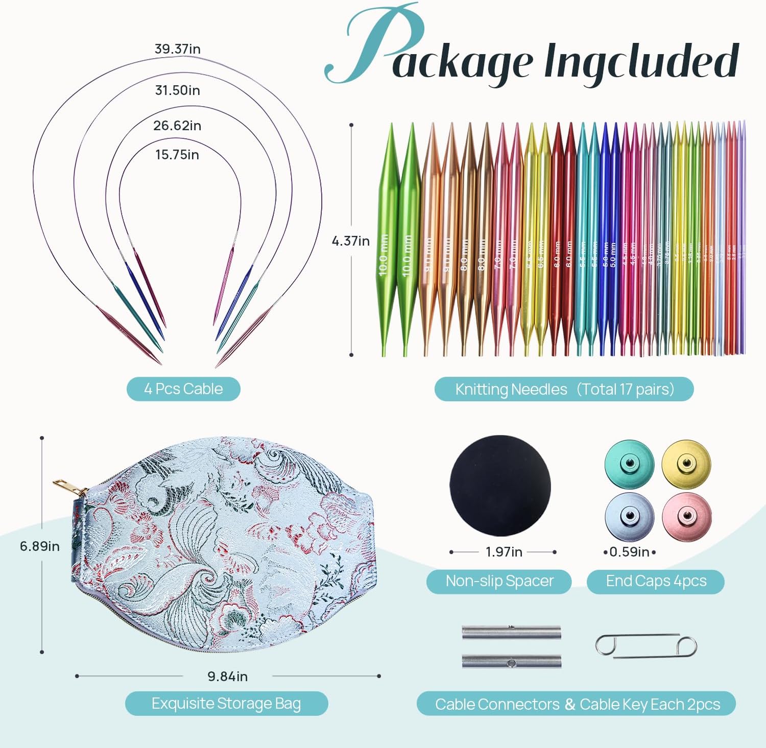 Lewhoo Circular Knitting Needles Set, 17 Size Interchangeable Aluminum Knitting Needle with 4 Cables ? Bag Multicolored-1 2.2~10.0mm