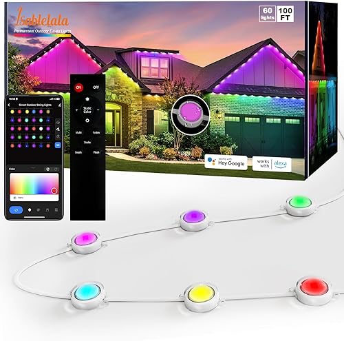 Isablelala Luces permanentes para exteriores, 100 pies, luces RGB inteligentes para exteriores, IP67, impermeables, 60 luces LED para decoración de