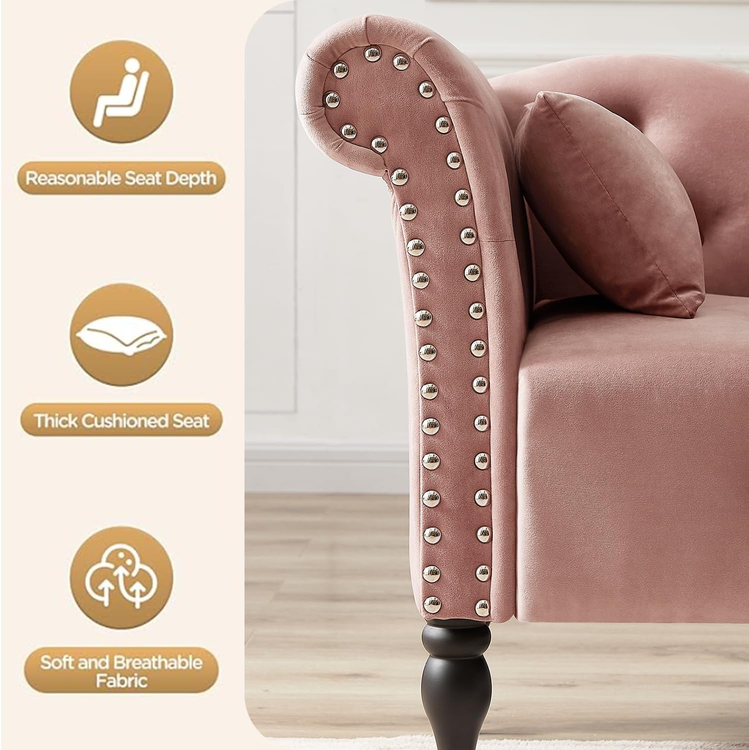 60.6" Velvet Chaise Lounge, Buttons Tufted Nailhead Trimmed, Upholstered Chaise Lounge with Left Armrest & Lumbar Pillow, Modern Velvet Lounge Chair for Bedroom, Living Room and Office (Rose)