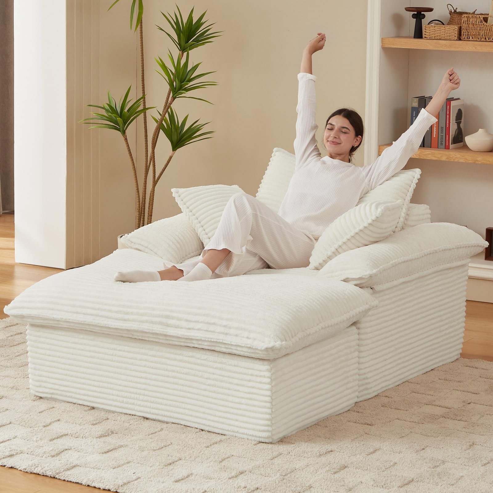 Oversized Chaise Lounge Chair Indoor, Boneless Chaise Lounges with Cup Holders & 3 Pillows, Modern Corduroy Sleeper Sofa Cloud Couch Chair with Wide Arms, No Assembly Required (White, 52")