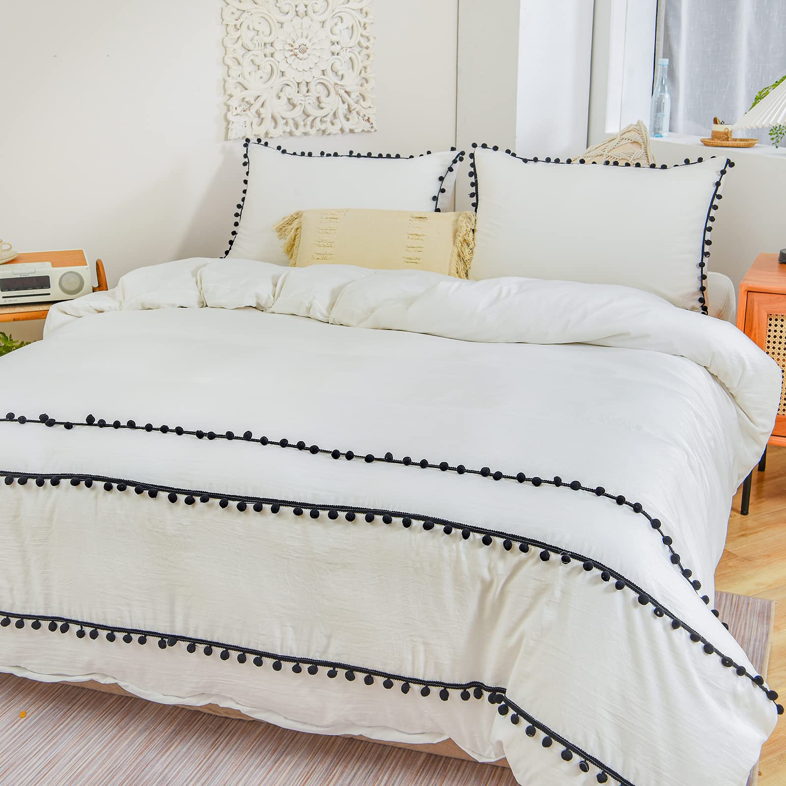 Pom Pom Duvet Cover Set 3 Pcs White Bedding Set Black Pom Pom Ball Fringe Bohemian Farmhouse Boho Chic Solid Color Bedding Twin for Kids Boys Girls 1 Duvet Cover 1 Pillowcase (No Comforter Included)