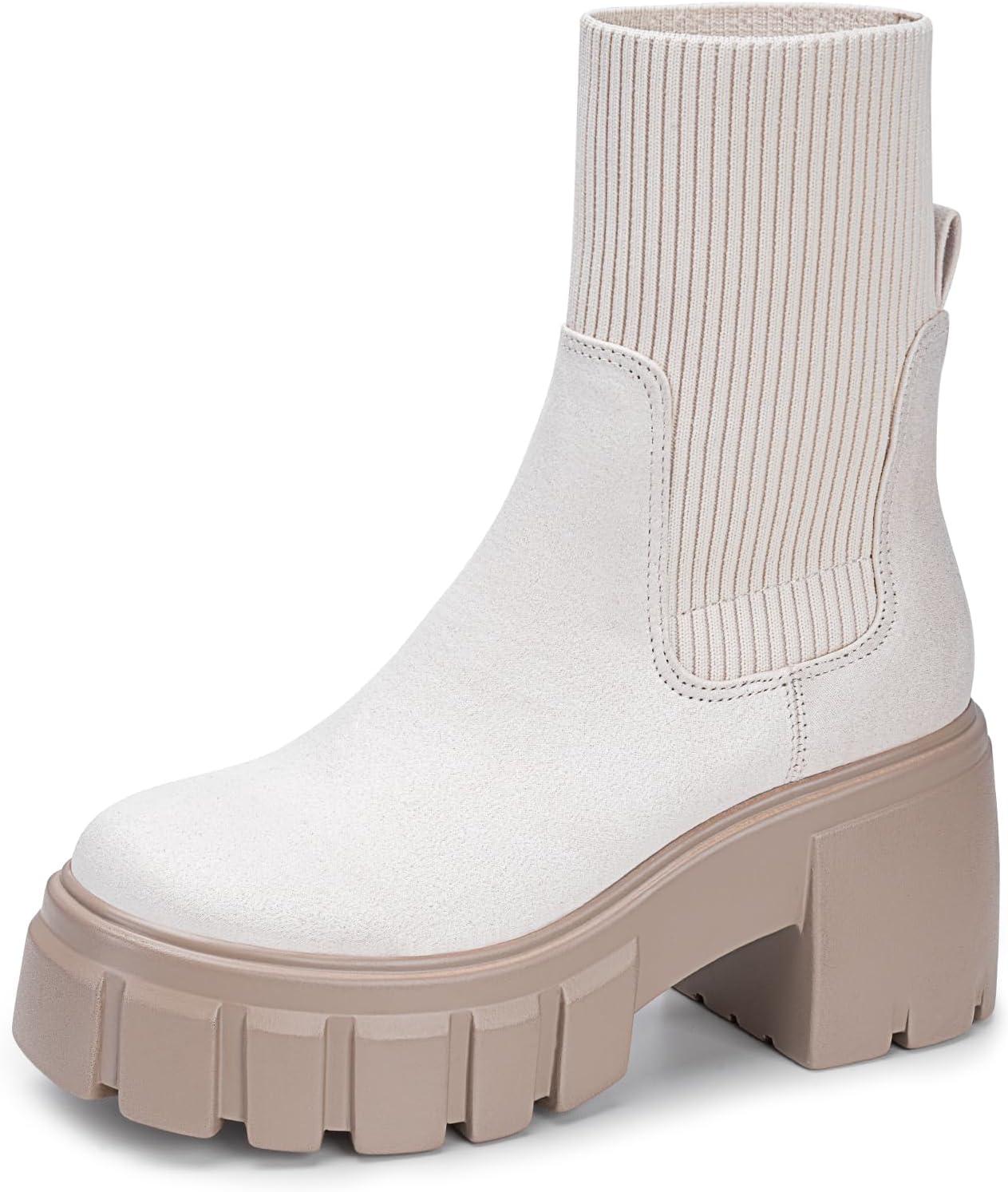 FITORY Womens Chelsea Boots, Elastic Ankle Booties with Chunky Mid Heel and Lug Sole, Comfy Trendy Slip on Shoes for Fall and Winter Size 6-11