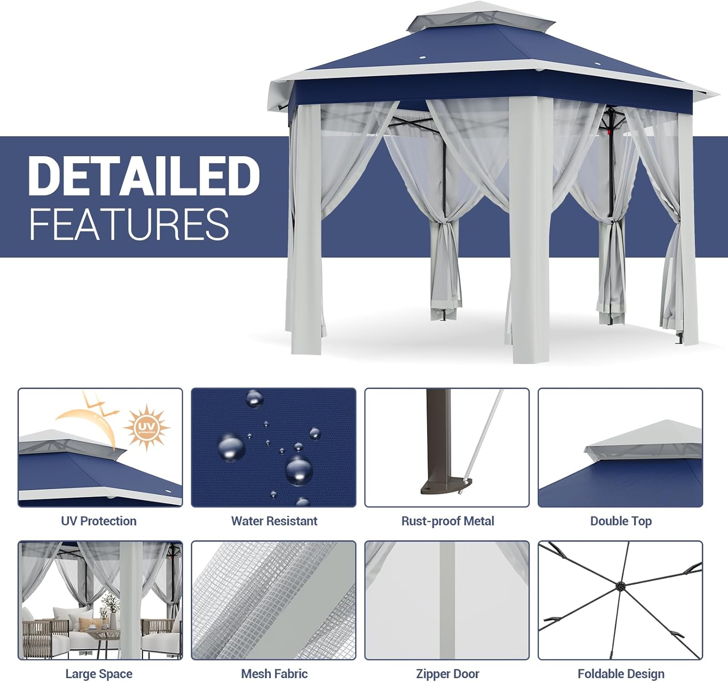GAOMON Outdoor Canopy Tent with Mosquito Netting,Pop Up Gazebo,Double Vented Roof Sun Shelter with Adjustable Heights,Outdoor Gazebo for Backyard & Patio Furniture,Pop Up Tent,Blue