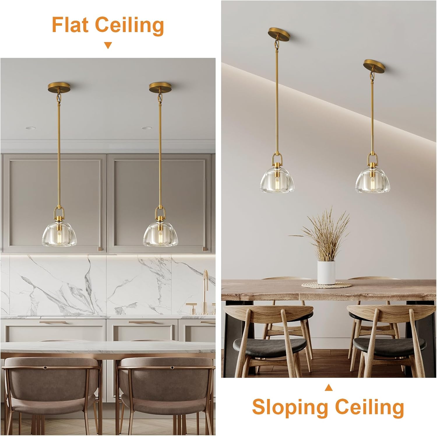 Pendant Light Fixture, 7" Glass Modern Brass Pendant Lights Kitchen Island, Hanging Glass Dome Pendant, Gold Kitchen Pendant Lighting Over Island,E12 Bulb Included, 2PCS