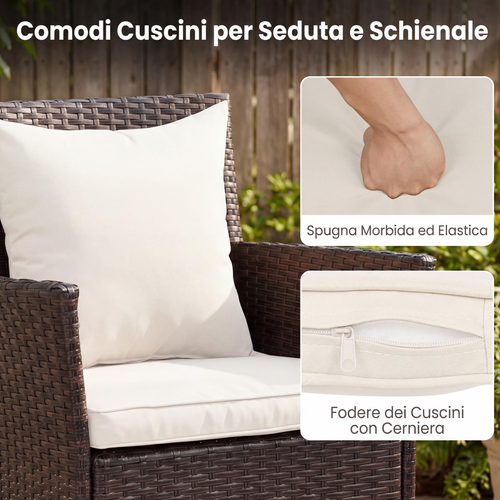 COSTWAY Set da Salotto da Giardino 3 Pezzi, 3 Pezzi Set Mobili da Esterno in Rattan con Tavolo in Vetro Temperato a Doppio Ripiano, Set da Conversazione con Cuscini per Veranda (Marrone+Bianco)