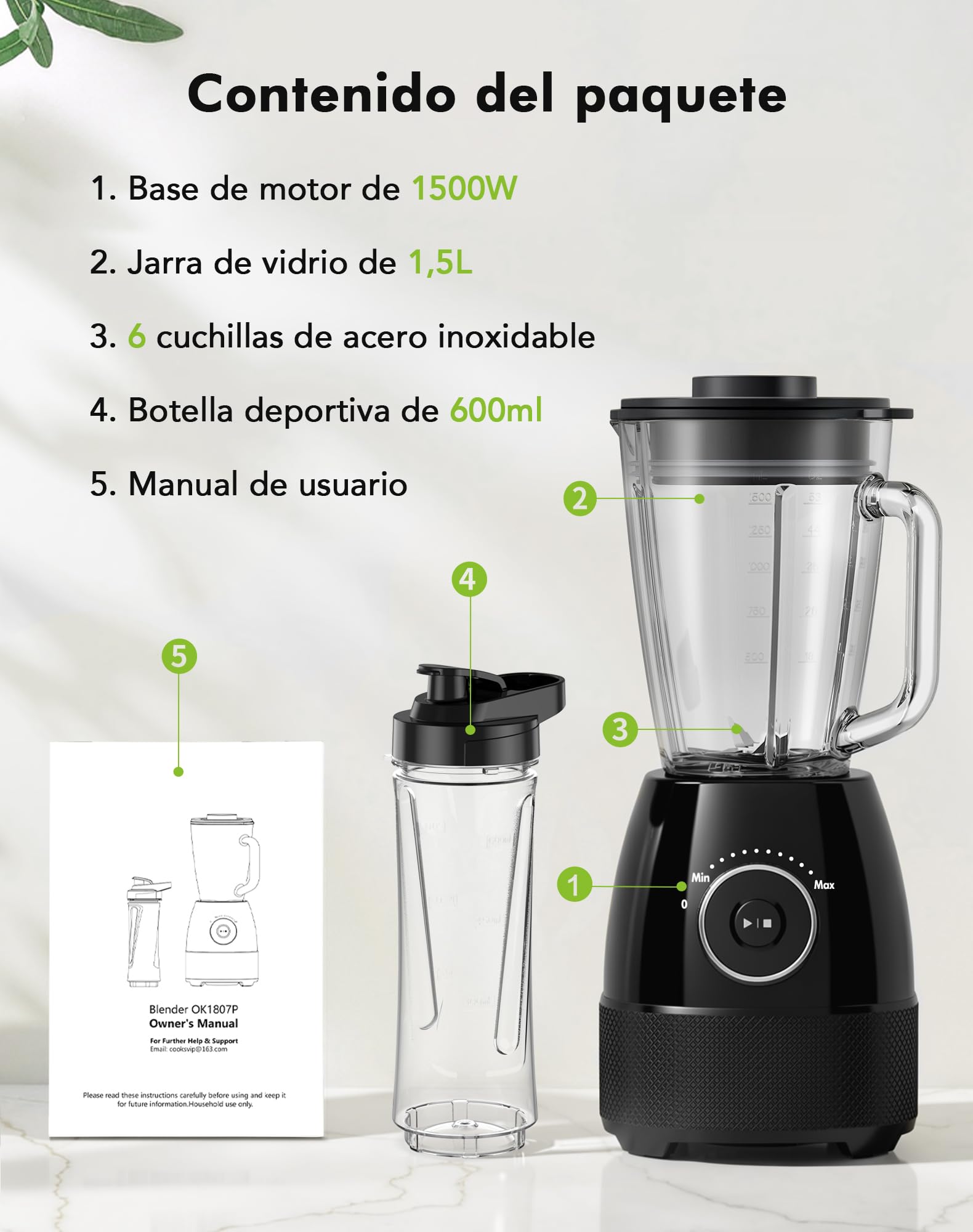 Batidora de Vaso, 1500W Batidora Smoothies, Vaso Batidora con Jarra de Vidrio 1,5L y Botella Tritan 600ml sin BPA, Velocidad Ajustable y Cuchillas de Acero Inoxidable, Licuadora para Zumos y Batidos