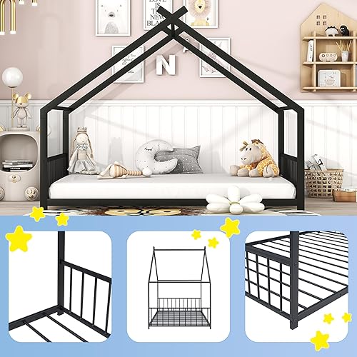 Miniatura 4 de Cama individual para niños, marco de cama individual con cabecero y estribo, cama de metal individual para niños, niñas, niños (negro)