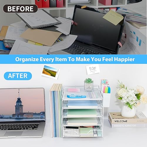 Miniatura 4 de Organizadores de escritorio y accesorios, organizador de bandeja de papel de 5 niveles con soporte para archivos, cajón y soporte para bolígrafos,