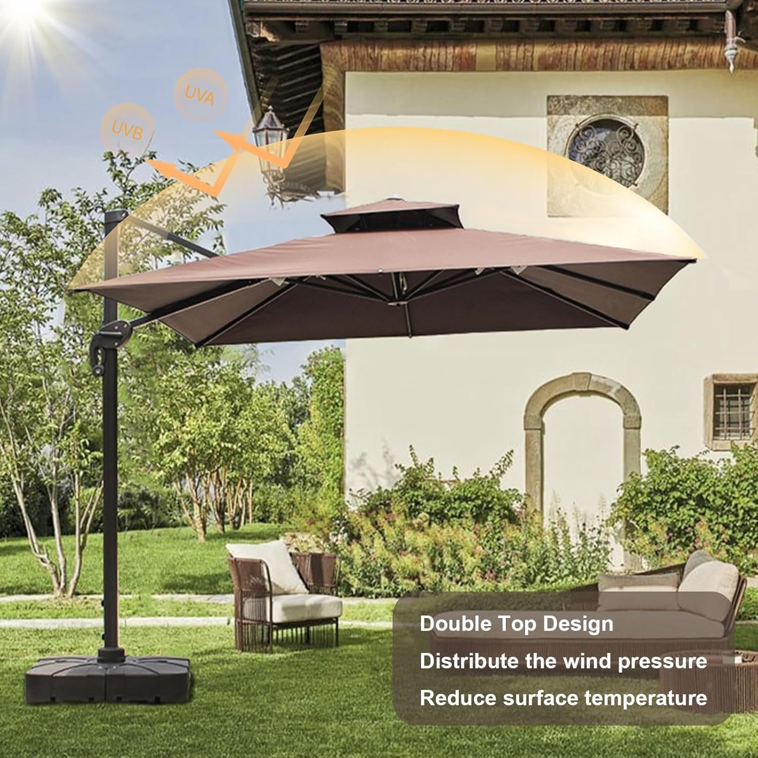Toile De Rechange pour Parasol Carré - 7 Baleines, pour Parasol Décalé, Idéal pour Le Jardin, La Plage Et La Cour - Durable, Résistante Aux UV Et Facile à Installer Gris 3x3M Double Top
