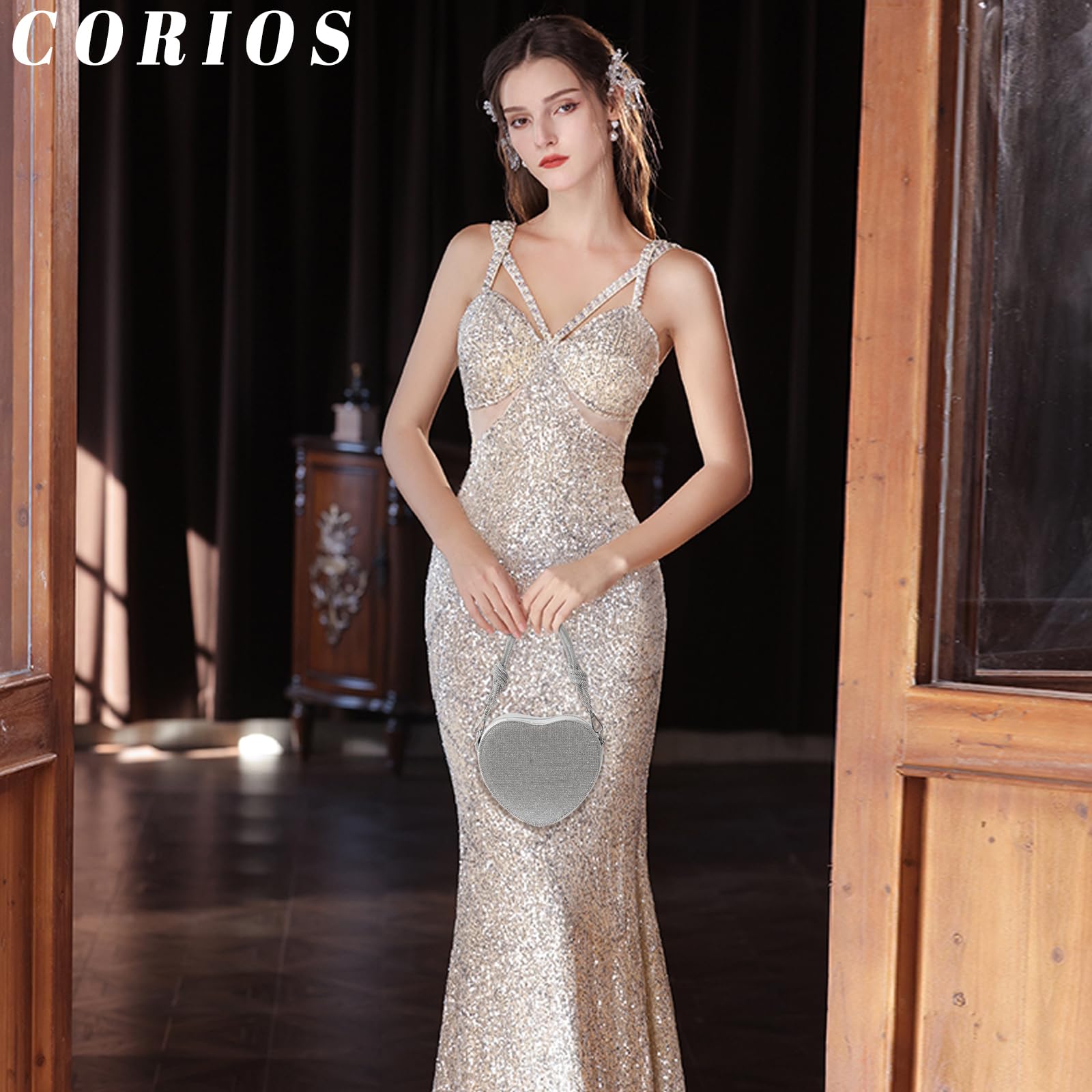 CORIOS Damen Herzform Abendtasche Strass Clutch Tasche Abnehmbarer Kette Handtasche Glitzer Schultertasche Elegant Umhängetasche Klein Tasche für Abendparty Hochzeit Silber