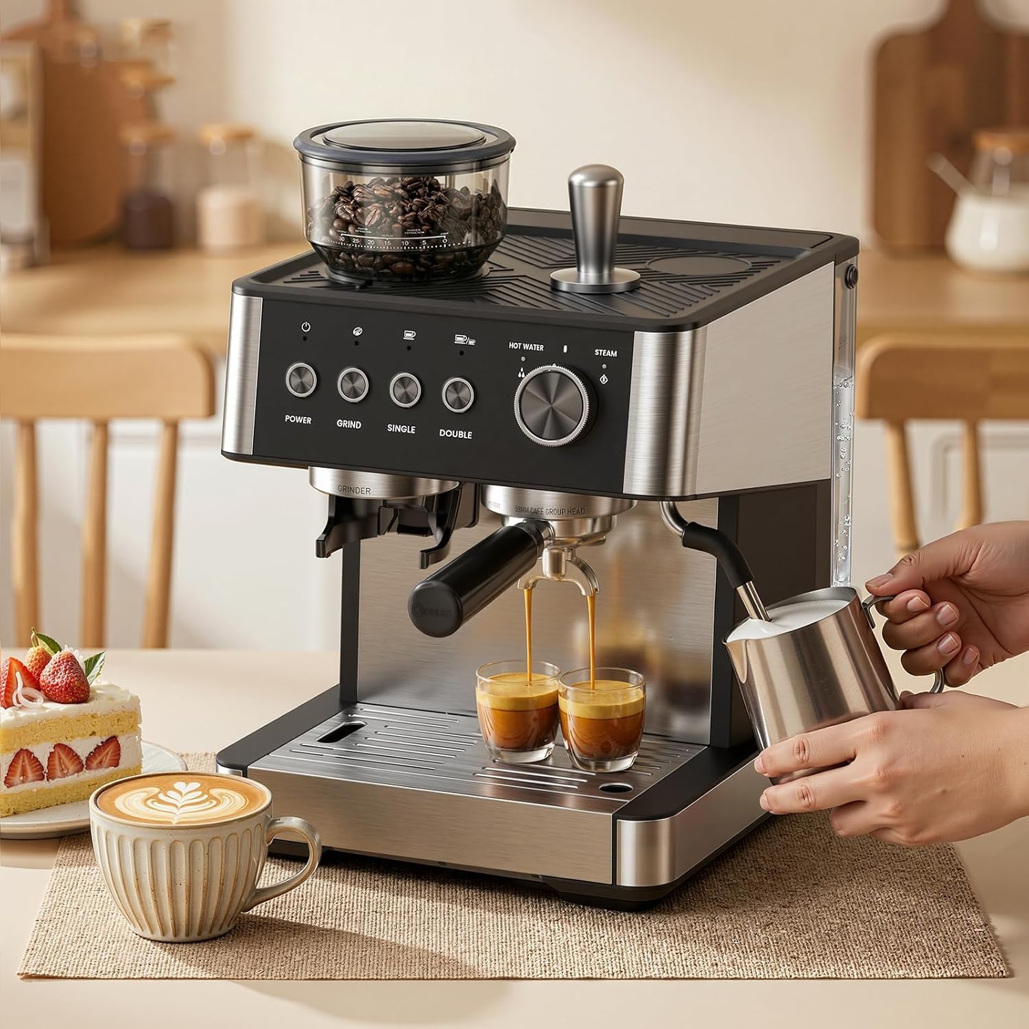 COWSAR Espresso Kaffee Maschine, mit Mahlwerk und manuellem Milchaufschäumer, 15 Bar Drucksystem, schnell aufheizende espresso machine, geeignet für Cafés, Restaurants, Wohnungen und Büros
