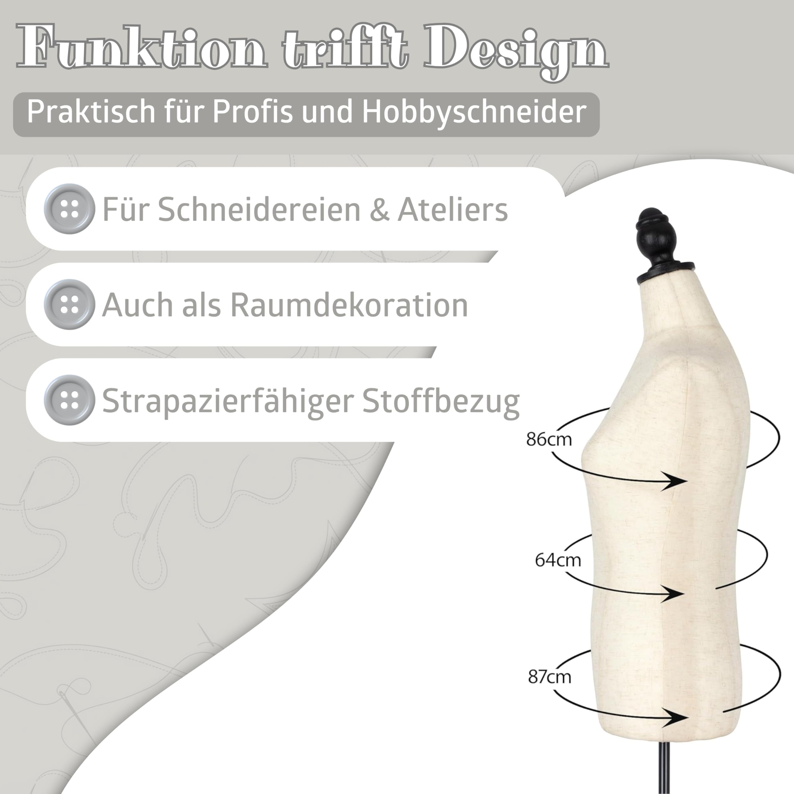 Semplix Deko Schneiderbüste–Schneiderpuppe aus Styropor (EPS) mit Baumwollbezug & Holzstativ, höhenverstellbar, Elegante Deko Schneiderpuppe für Atelier, Boutique & Dekoration (Leinenbezug)