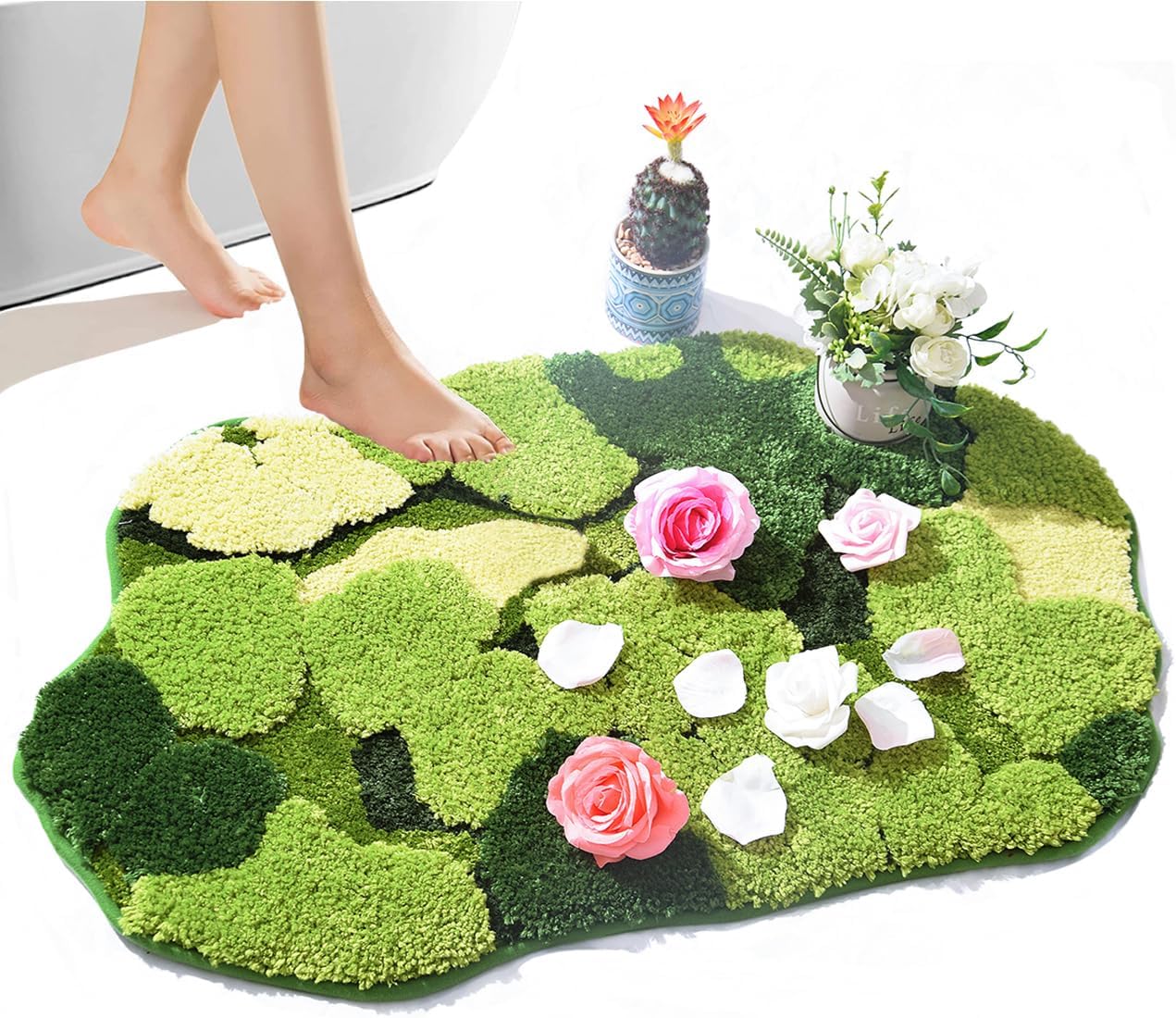 Cute Green Moss Bathroom Runner Rug Long Rectangular Boho Aesthetic Leaf Leaves Bath Mat Shaggy Non Slip Absorbent Shower Mat Decor