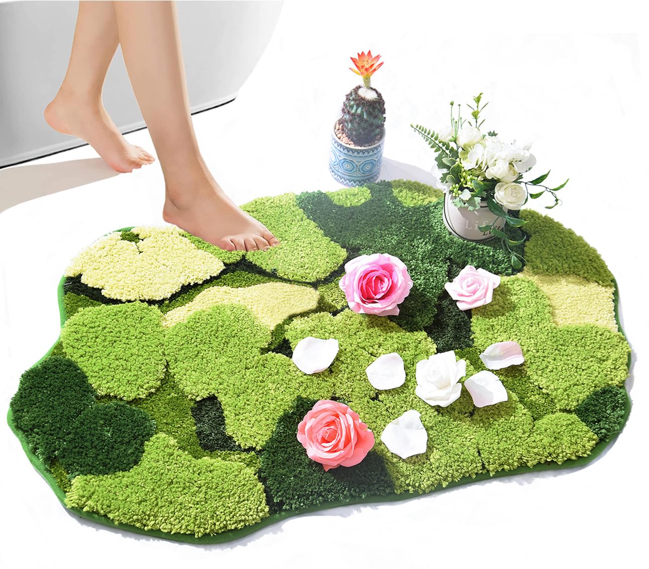 Cute Green Moss Shag Bathroom Rugs Leaf Bath Mats for Bathroom Decor Aesthetic Leaves Soft Non Slip Washable Aabsorbent Floor Carpet Boho Indoor Shower Mat Doormat