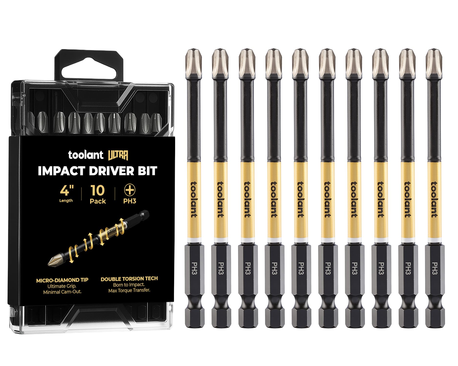 toolant PH3 Phillips Impact Bit Set, 4 Inch, 10-Piece, Magnetic