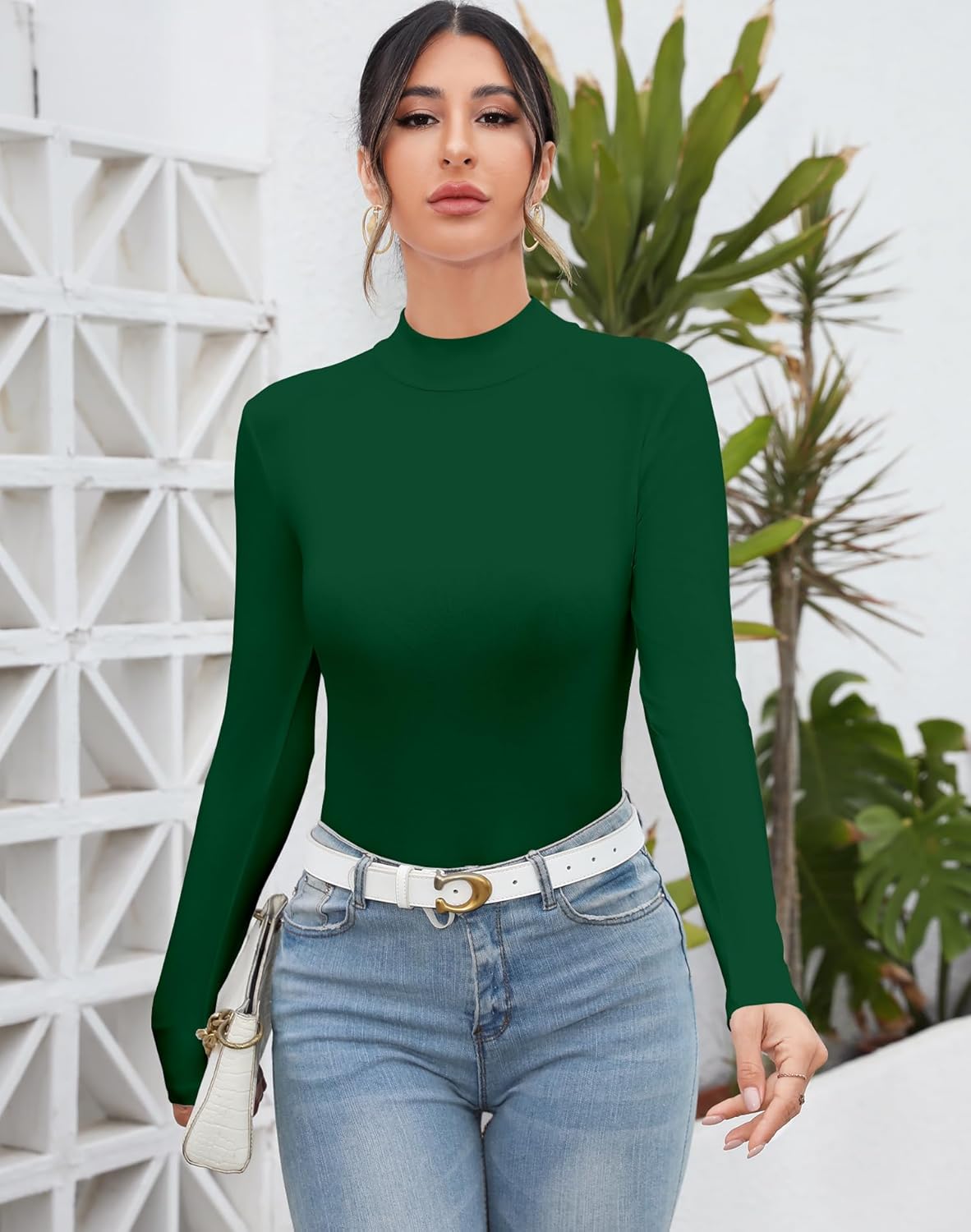 MANGDIUP Women's Mock Turtleneck Long Sleeve Sleeveless Tops Basic Slim T-Shirts - Image 2