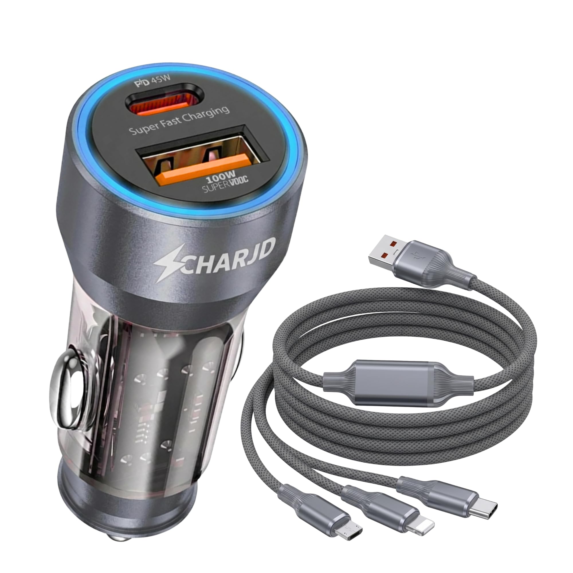 165w super fast car charger with 60w 3-in-1 cable, pd 45w usb c & 120w supervooc dual port car charging adapter compatible with iphone, samsung galaxy, oneplus, oppo, vivo and android devices