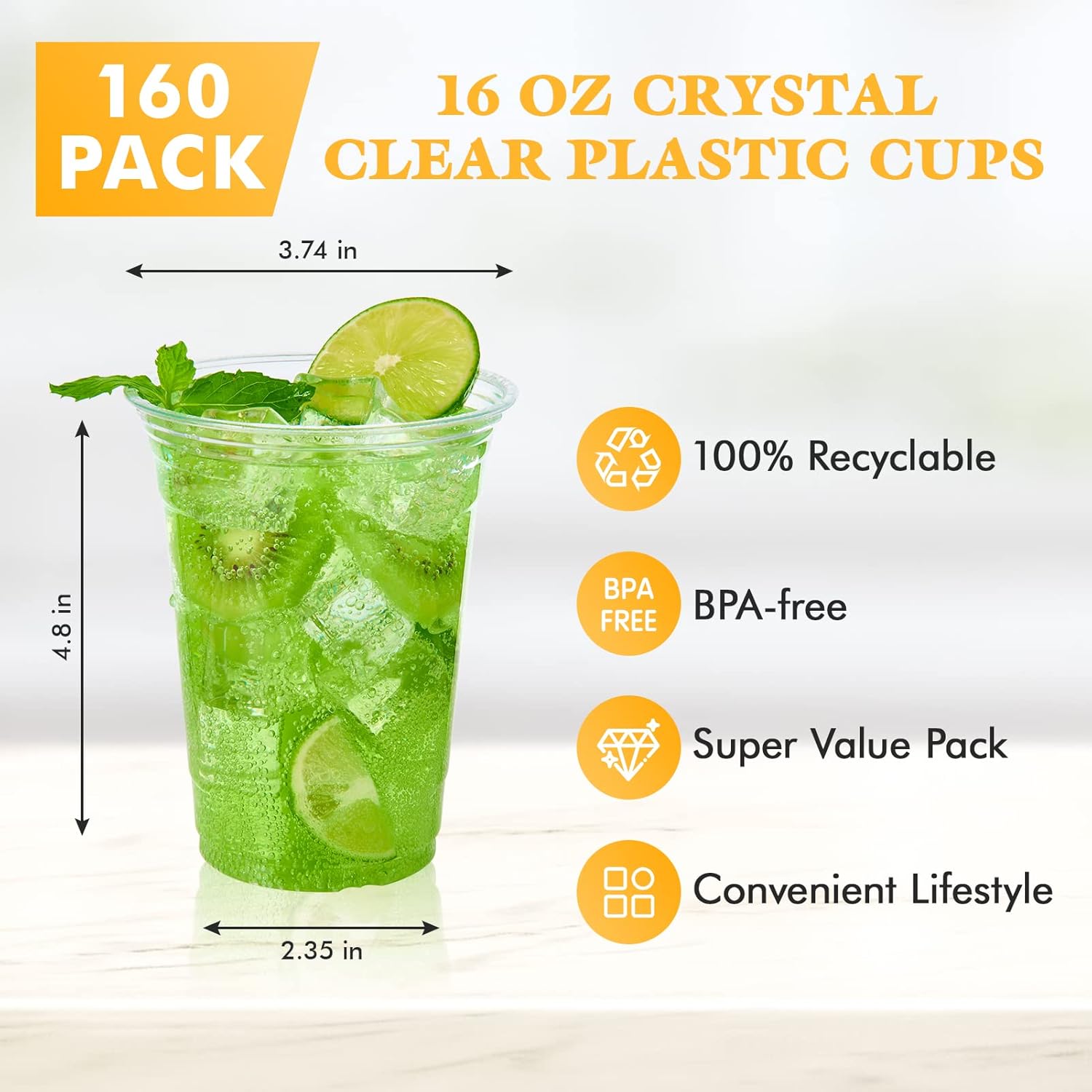 Vplus 160 Pack 16 OZ PET Clear Plastic Cups with Lids, 16 OZ Crystal Cold Disposable Drinking Plastic Cups with Flat Lids, Perfect for Ice Coffee, Smoothie, Juice