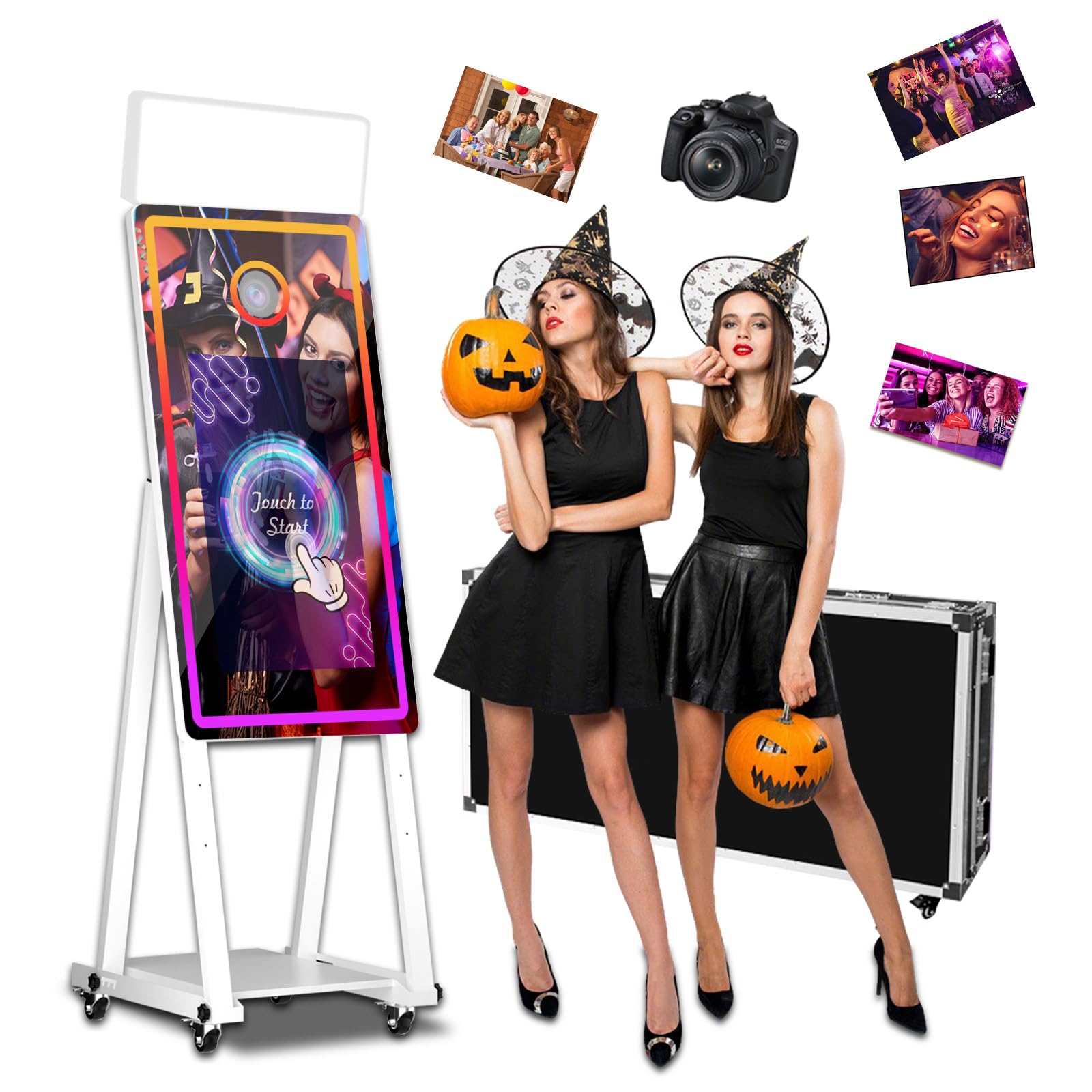 Budka fotograficzna z magicznym lustrem 128 cm z ekranem dotykowym 56 cm, fotobudka DSLR z etui lotniczym, natychmiastowe udostępnianie, światło RGB, profesjonalna fotobudka na imprezę (biała, maszyna