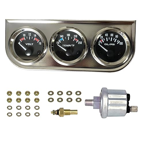 Kit de medidor automático triple cromado 3 en 1 de 2.047 in (8-16 V medidor de voltios + medidor de temperatura del agua de 100-250 +medidor de