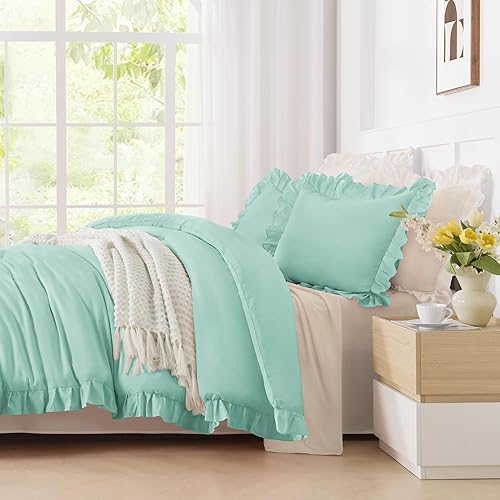 Miniatura 91 de Andency Juego de edredón beige tamaño King, 3 piezas estilo farmhouse shabby chic con volantes, ligero esponjoso suave de microfibra para todas