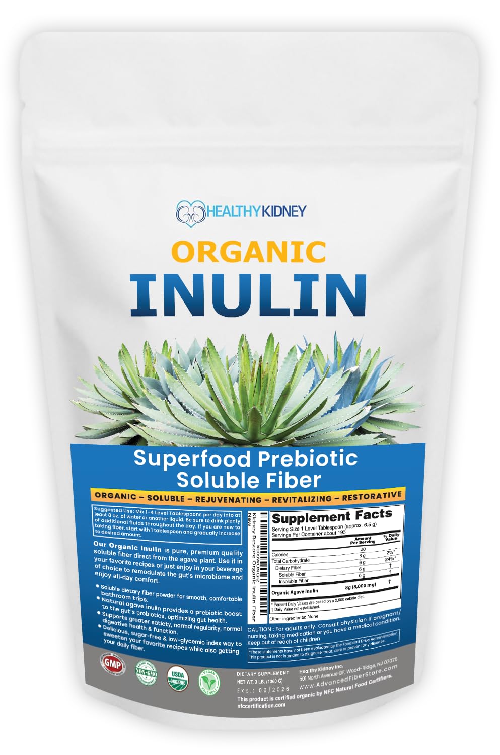 Amazon.com: Organic Inulin Powder (48oz/3 lbs) Gentle Agave Prebiotic  Soluble Fiber Supplement for Digestive Support, Gut Health, Vegan Baking,  Smoothies & Drinks : Health & Household