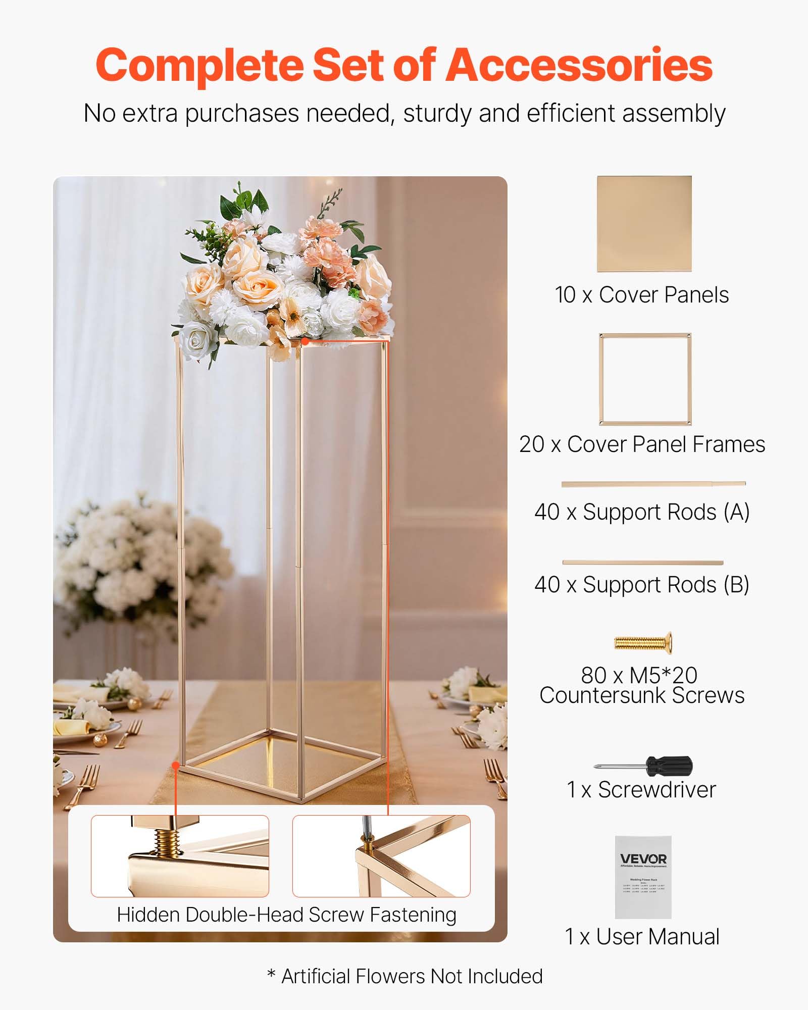 VEVOR Support Fleur Mariage Colonne Lot de 10 Support Fleur Centre Table Mariage 80 cm Présentoir Floral Rectangulaire pour Fêtes, Anniversaires, Décoration Intérieure, avec Panneau Métallique, Doré