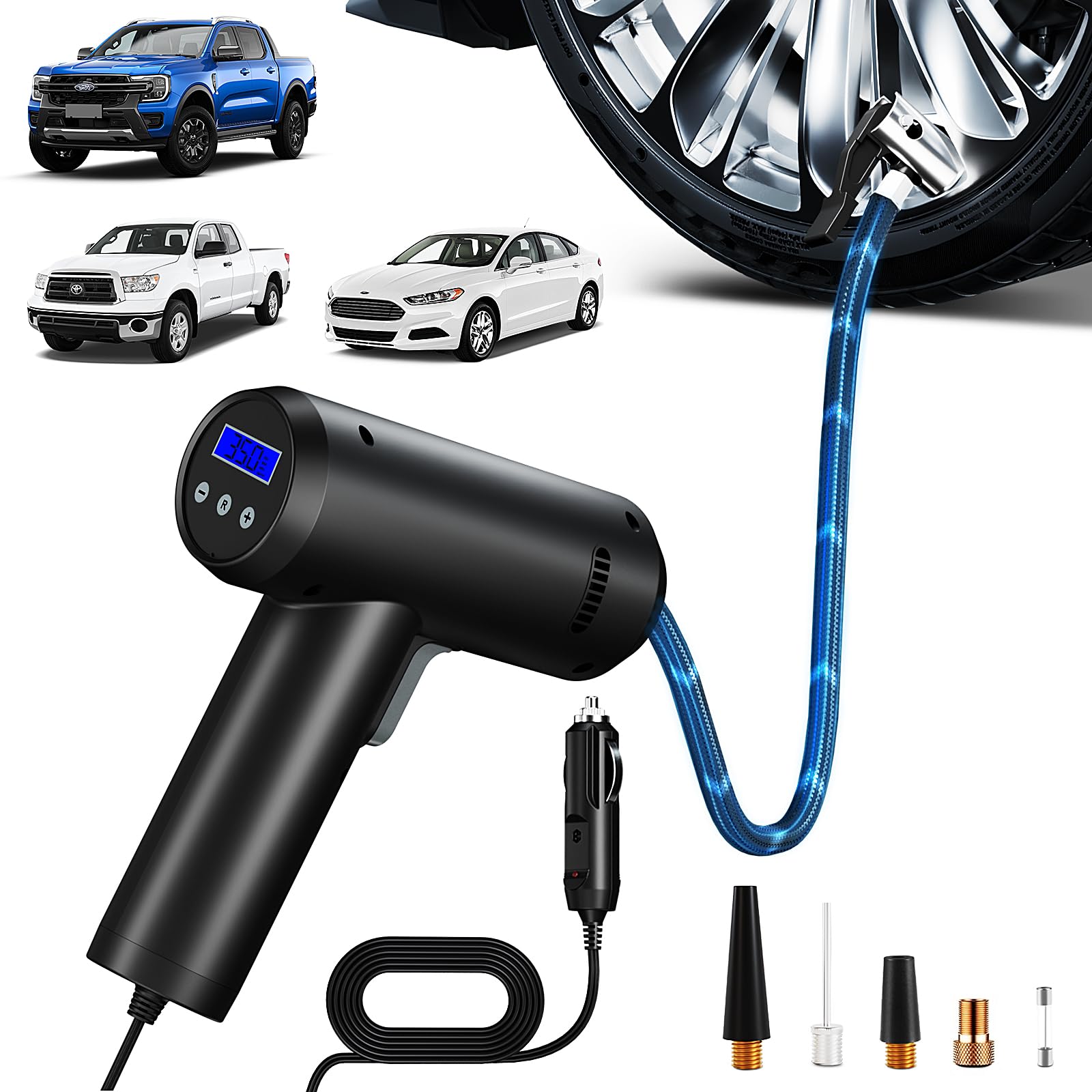 Tire Inflator – High-Power 12V Car Air Pump for Fast Tire Inflation | Auto Shut-Off, LED Display & Compact Design for Cars, Motorcycles & Bikes