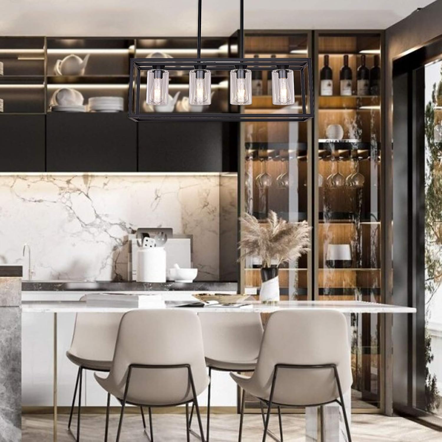 XILICON Black Dining Room Chandeliers Lighting Fixture Linear Pendant Modern 4-Light with Glass Shades Vintage Farmhouse Ceiling Light Hanging for Kitchen Island Cafe Bar