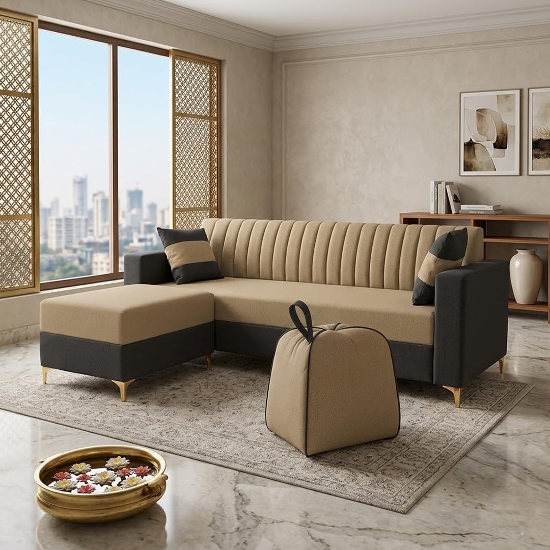 FURNY Signature Regalia 4-Seater L-Shape Sofa Set with Movable Ottoman & Suri Pouf | Flexible LHS/RHS Layout | Boston Fabric | 40D Foam + Zigzag Spring | 3-Yr Warranty (Steel Grey -Beige)-image-6
