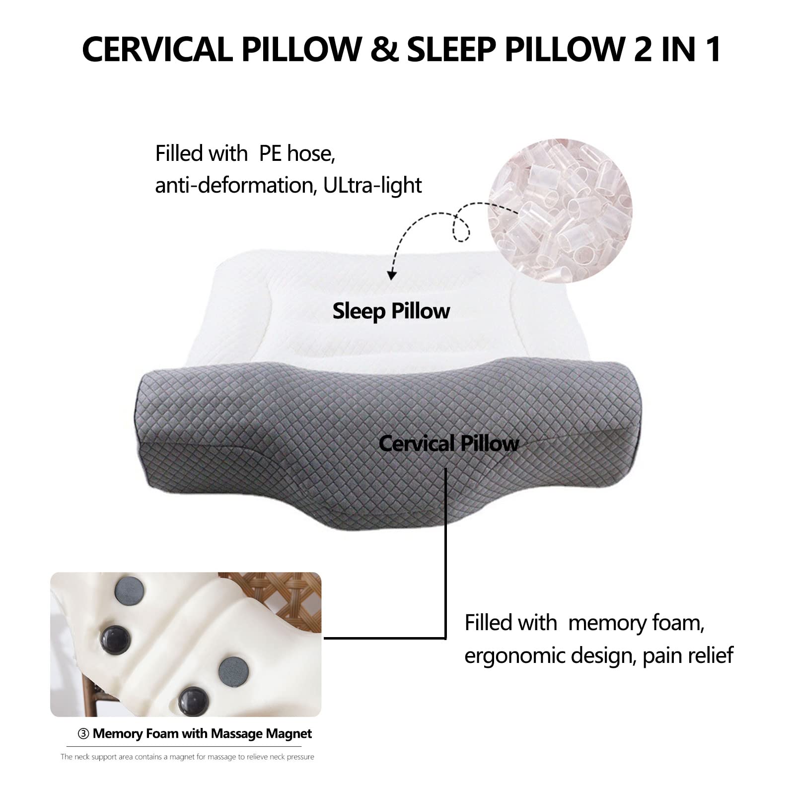 Poduszka z pianki z pamięcią kształtu, ortopedyczne poduszki na ból szyi i ramion, ergonomiczna poduszka 2 w 1, super miękka, żakardowa, dmuchana poduszka wspierająca szyję dla osób śpiących na boku i na plecach