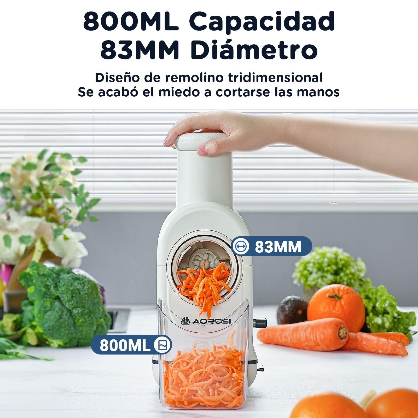 Rallador electrico, Aobosi Cortador Verduras Electrico con Gran Tolva para Zanahorias Enteras,Patatas, 3 Cuchillas y Motor Silencioso, caja de almacenamiento-Actualizar