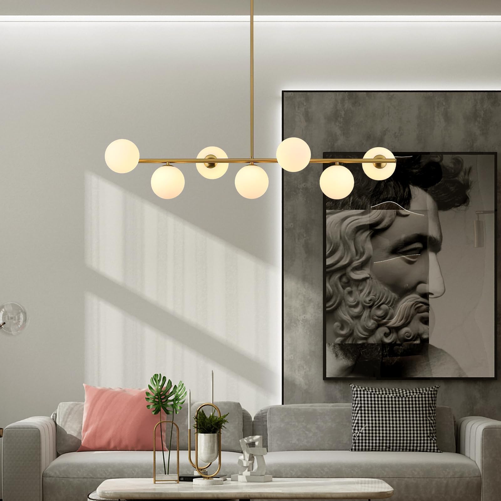 Moderne Pendelleuchte Wohnzimmer Gold,7 WeißE KugelföRmige Glas Lampenschirme Kronleuchter,HäNgeleuchte Zur Dekoration Des Schlafzimmer,Esszimmerlampe,G9 Fassung Esstischlampe,Hotel,KüChe