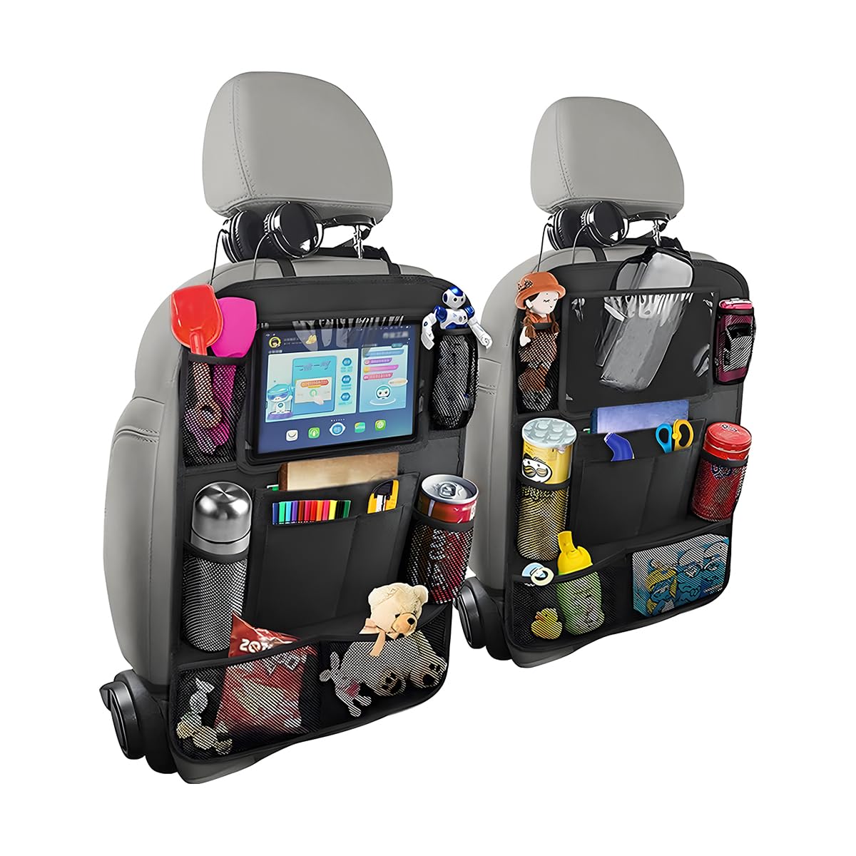 KHGUZ 2PCS Car Seat Back Organizer, Waterproof Vehicle Storage Bag with Touch Screen Tablet Holder & 9 Pockets, Auto Kick Mats Back Seat Protector for