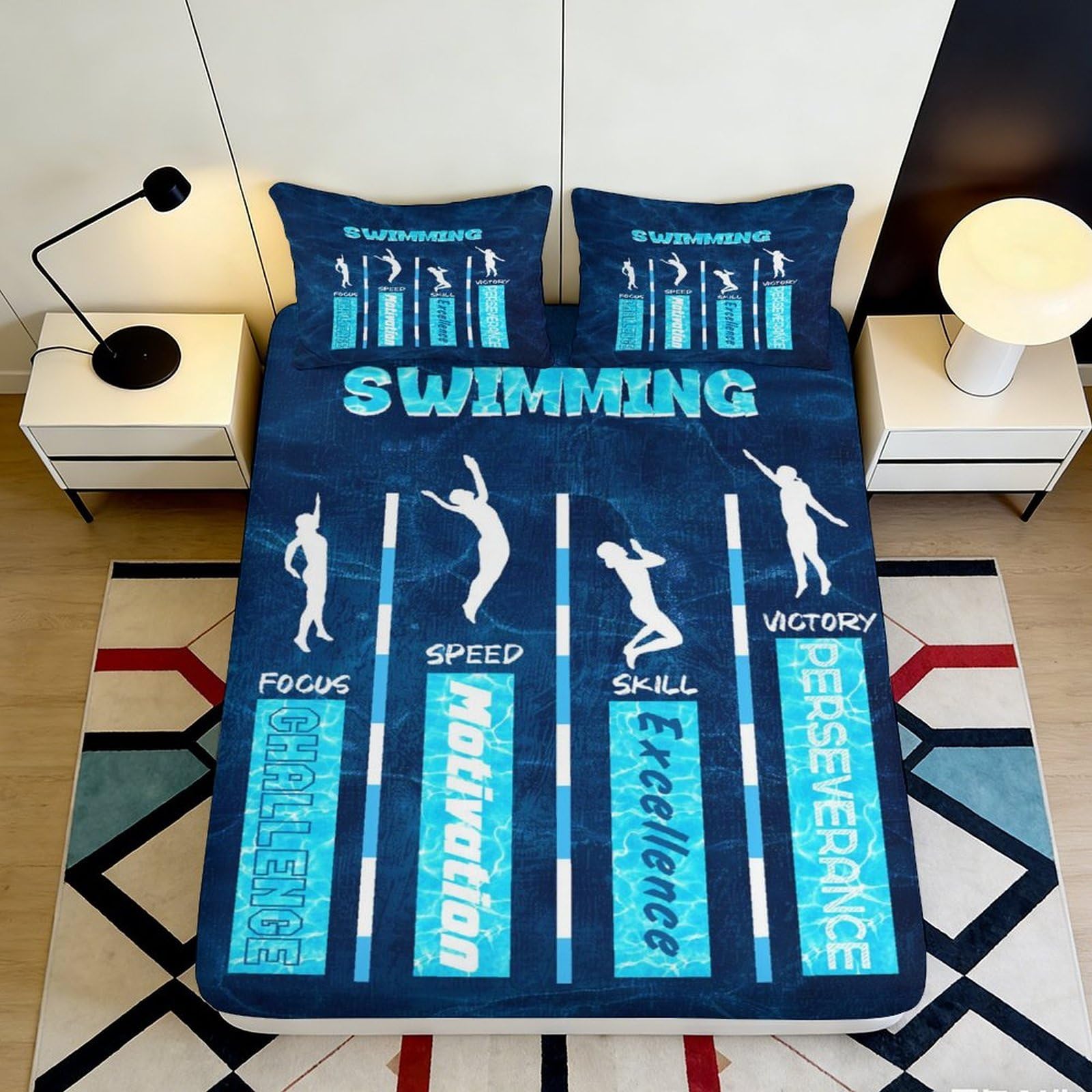 Pnayamiorkfel Style-10 3D Printed Swimming Athlete Fitted Sheet Microfiber Navy Blue Bed Cover For Bedroom Dorm Mattress Decor Non Slip Washable 90X200x25cm
